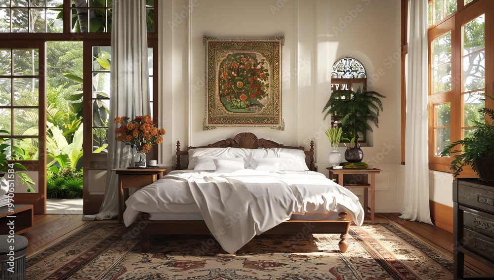 Fototapeta premium Large double master bedroom with an elegant bed, vintage dressers, and lamps on each side of the headboard. Two windows in front. The room features floral wallpaper, wooden floors
