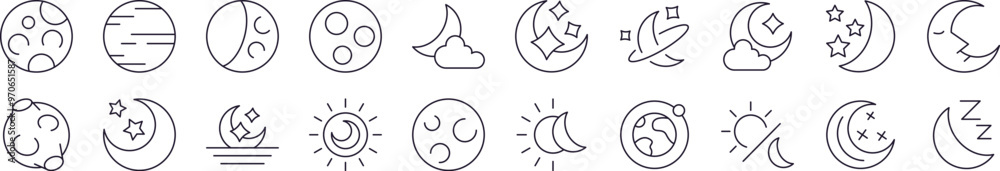 Celestial Bodies Line Icon Bundle. Modern Collection for Design, Web Sites, Apps, Cards. Contains Linear Images of Moon and Stars