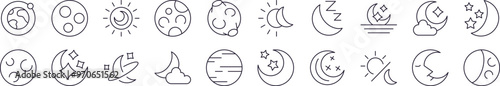 Celestial Bodies Bundle of Related Line Icons. Editable Stroke for Design, Web Sites, Apps, Cards. Contains Linear Images of Moon and Stars