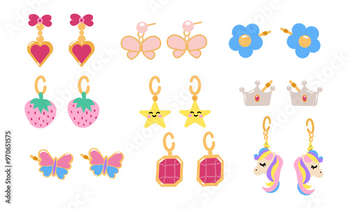 Kids jewelry earring set. Cartoon drawing of jewelry for children isolated on white background. Fashion, jewelry concept. Vector illustration