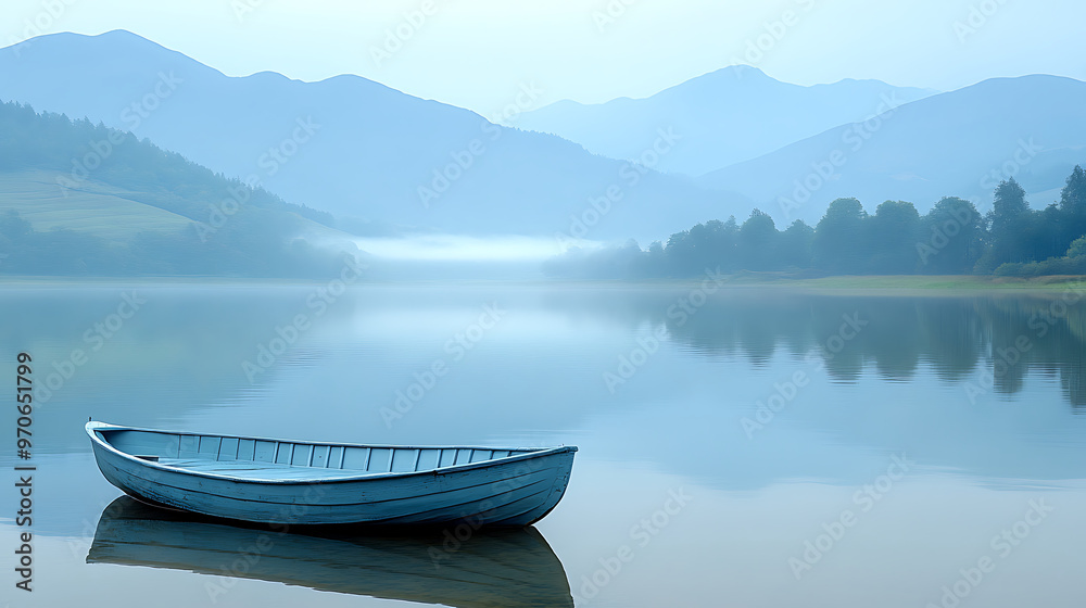 A sleek, modern clear boat gently floating on a glassy lake with a minimalist background. Generative AI illustration A sleek, modern clear boat gently floating on a glassy lake with a minimalist background. Generative AI illustration