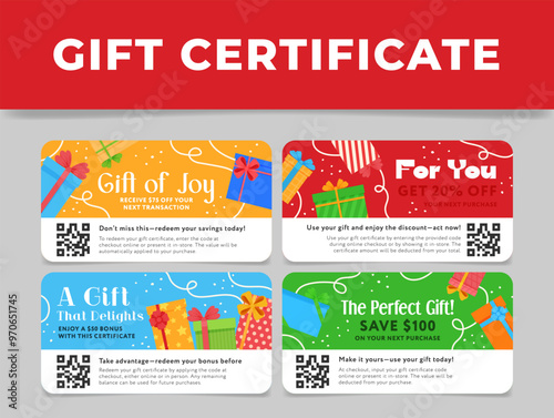 Colorful gift certificates showcasing savings and promotional offers for festive occasions and joyful gifting experiences