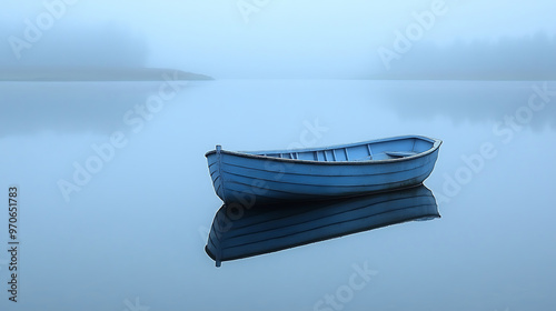 A sleek, modern clear boat gently floating on a glassy lake with a minimalist background. Generative AI illustration  photo