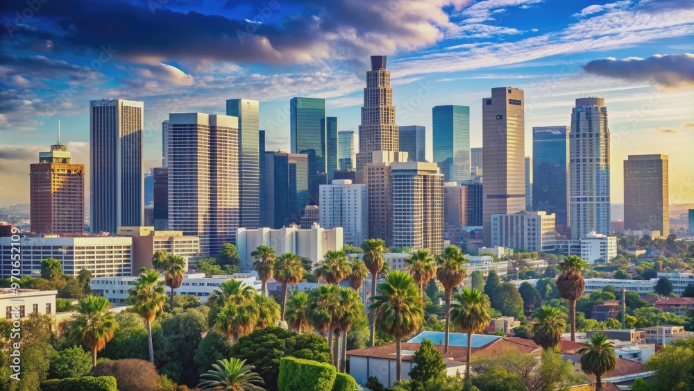 Fototapeta premium Downtown Los Angeles skyline isolated on white background, Los Angeles, downtown, skyline, city, California