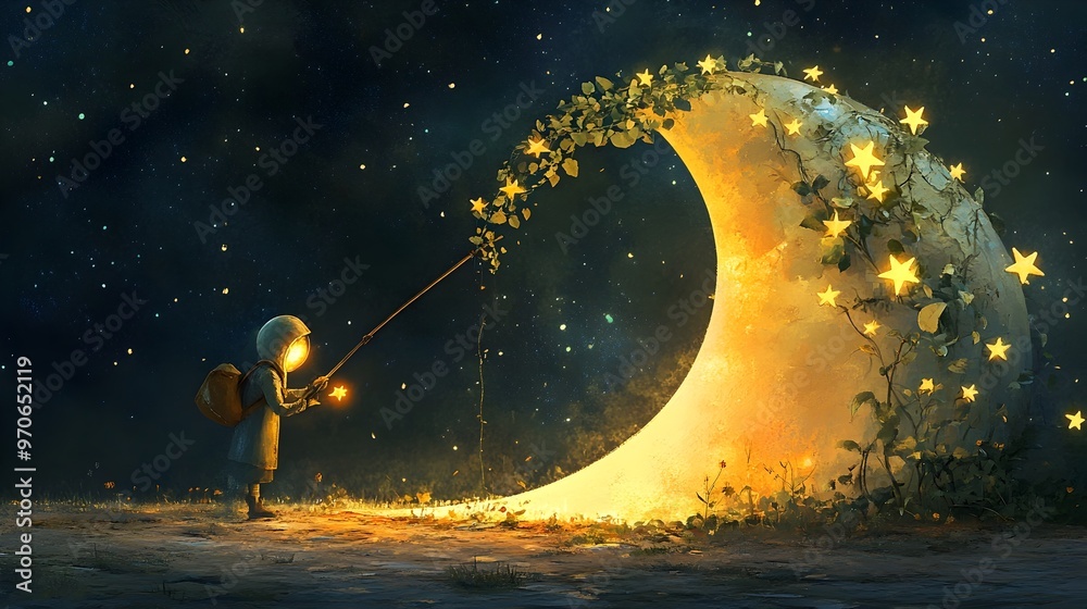 Naklejka premium Gardener Carefully Pruning Star Vines Growing Along the Lunar Edges