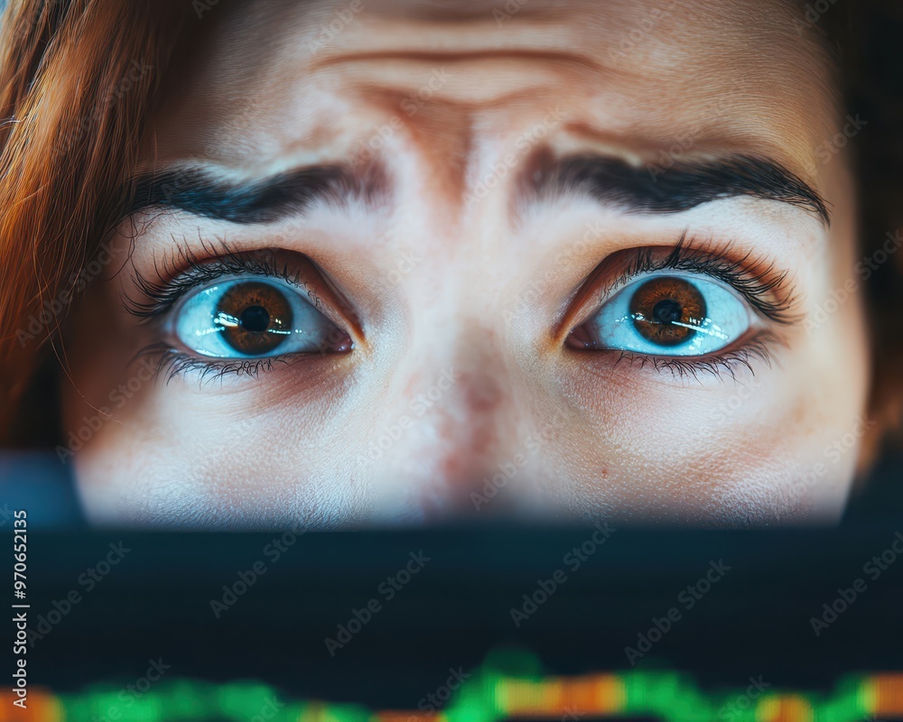 Closeup of businesswoman s worried face, stock market collapse on computer screen, Panic sell, financial pressure concept Closeup of businesswoman s worried face, stock market collapse on computer screen, Panic sell, financial pressure concept