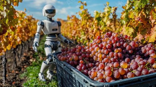 un robot humanoïde en train de cueillir du raisin dans les vignes pendant les vendanges photo