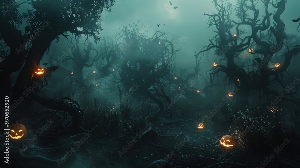 Obraz premium Dark halloween forest with eerie fog and glowing jack o lanterns scattered among twisted trees