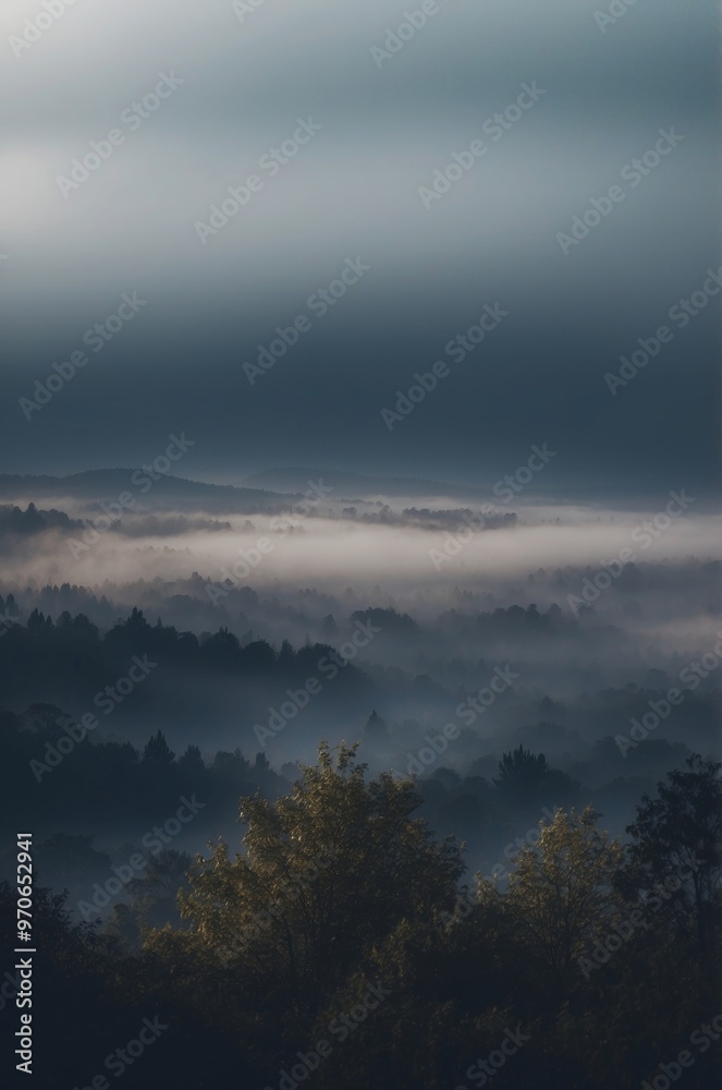 A dark blue sky with clouds and a foggy mist. A dark blue sky with clouds and a foggy mist.