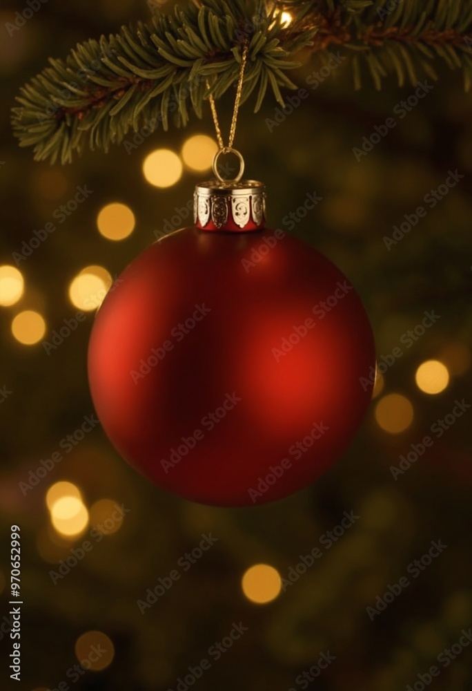 Golden Christmas Tree Scene Lights Background. A red christmas ornament hanging from a tree with golden lighting with bokeh in the background Golden Christmas Tree Scene Lights Background. A red christmas ornament hanging from a tree with golden lighting with bokeh in the background
