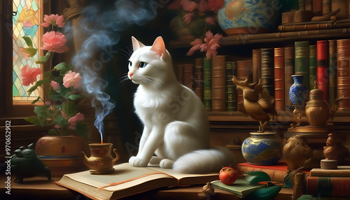 Artistic image of a delicate figurine and burning incense in an ancient booklike atmosphere. photo