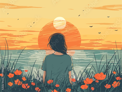 Sunset Tranquility: A Serene Beachside Moment Captured in Bold Lines