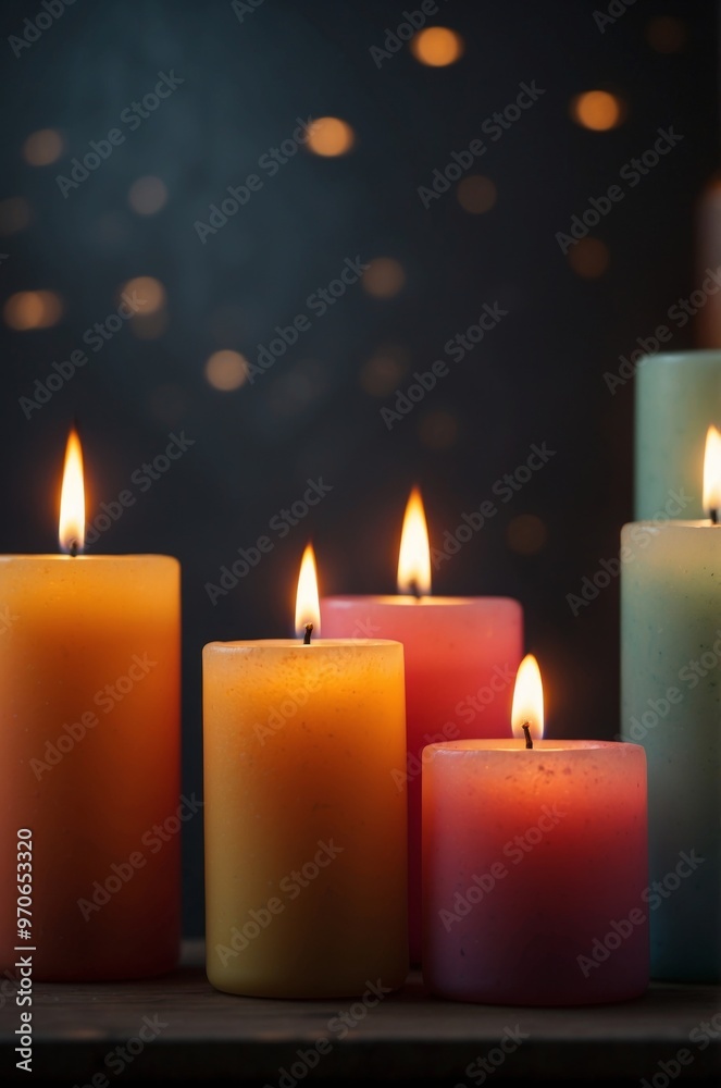 Four Lit Candles with Varying Colors and Flames. Four Lit Candles with Varying Colors and Flames.
