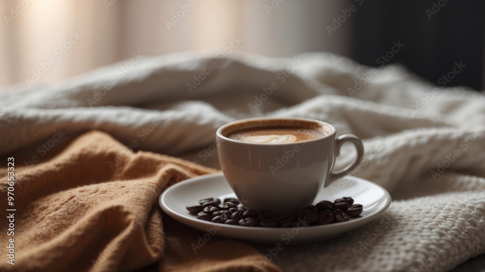A cup of coffee is sitting on a white plate next to a blanket. A cup of coffee is sitting on a white plate next to a blanket.