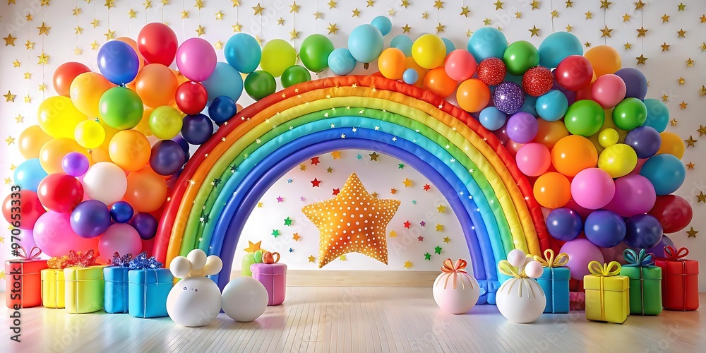 Fototapeta premium a colorful party setup with a large rainbow inflate