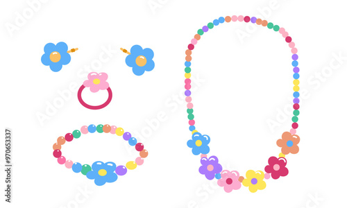 Kids jewelry set. Cartoon drawing of jewelry for children isolated on white background. Fashion, jewelry concept. Vector illustration