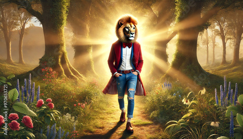 A surreal painting of a lion-headed gentleman walking confidently down a sunlit forest path photo