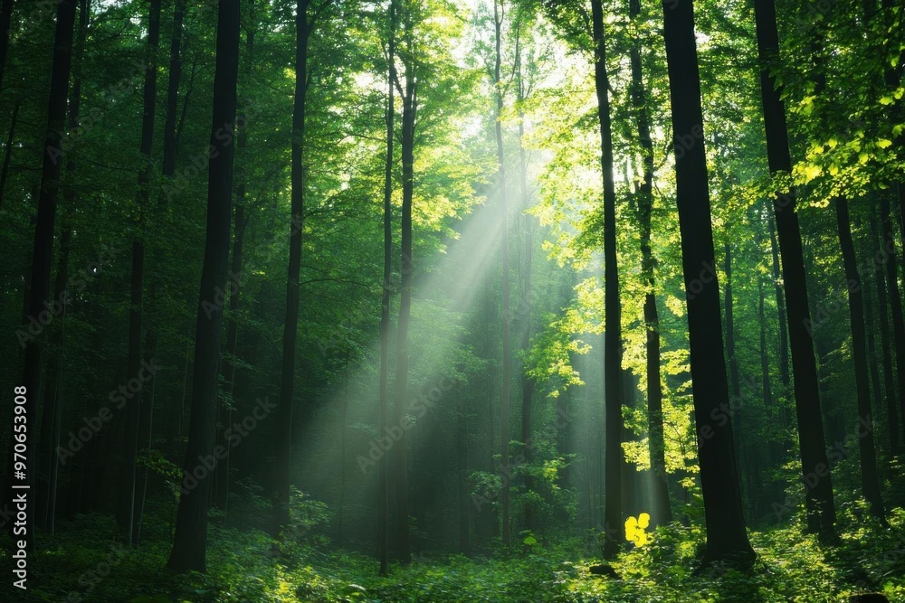 Naklejka premium A serene forest scene featuring sunlight streaming through lush green trees, creating a peaceful and tranquil atmosphere.