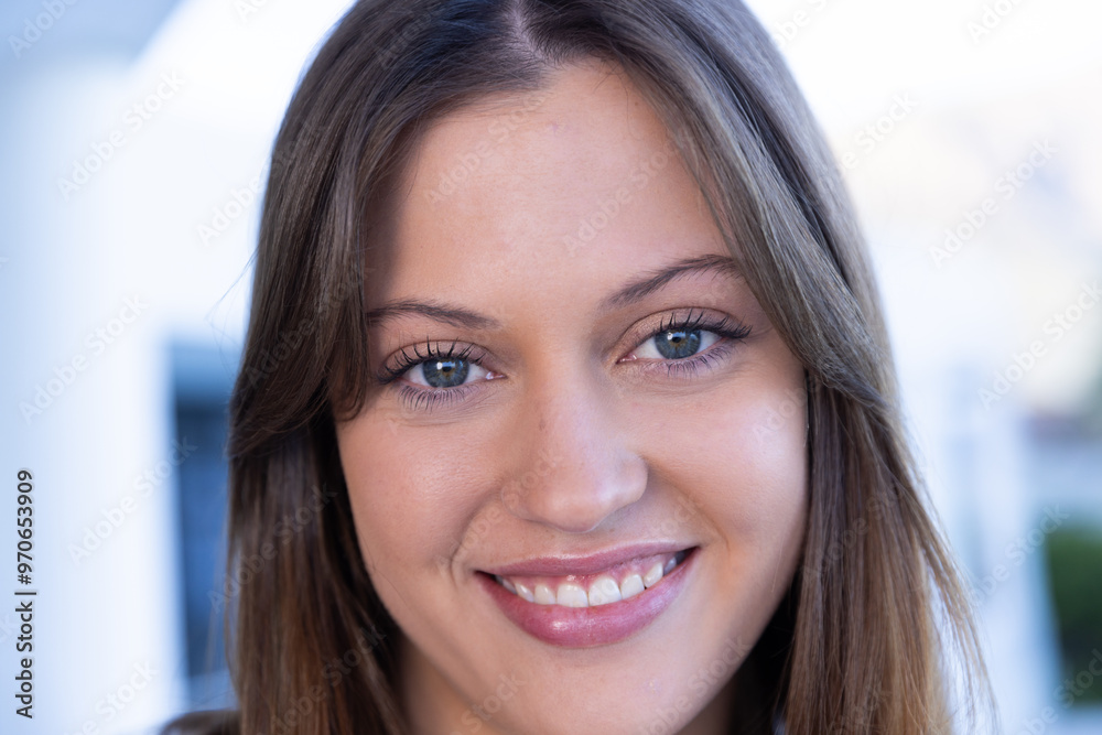 On balcony, Smiling young woman with clear skin and natural makeup, close-up portrait On balcony, Smiling young woman with clear skin and natural makeup, close-up portrait
