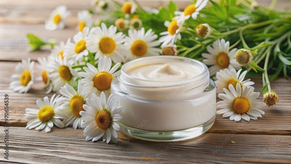 Natural organic face cream in a jar with chamomile flowers , skincare, cosmetic, beauty, organic, natural