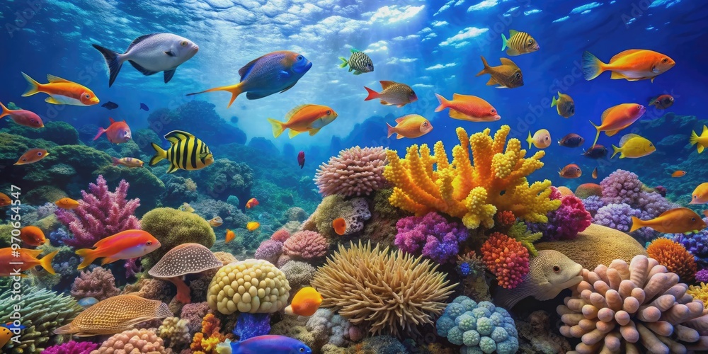Fototapeta premium Vibrant coral reef teeming with colorful fish in the ocean, coral reef, fish, underwater, marine life, vibrant, colorful