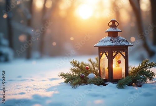 In the sunlight, a Christmas lantern rests on snow with a branch of fir. Winter decoration background, copy space on a side photo