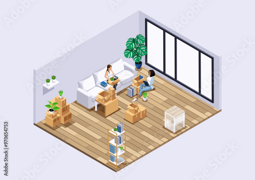 Isometric Characters, Personage. Moving to a new house. Beautiful girls are sorting cardboard boxes with things, sitting at home on the couch