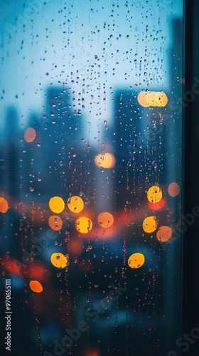 Abstract Raindrops on Window Pane Showcasing Blurred City Lights photo