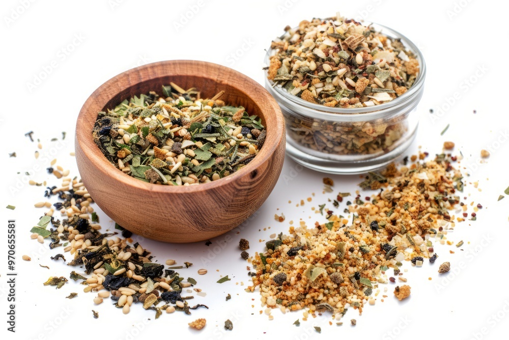 A fresh Furikake seasoning and Furikake seasoning Power isolated on white A fresh Furikake seasoning and Furikake seasoning Power isolated on white