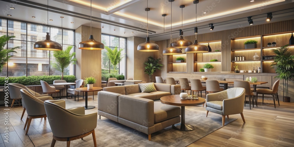 Obraz premium Elegant lounge cafe interior with modern furniture and soft lighting, luxury, sophisticated, design, upscale, cozy