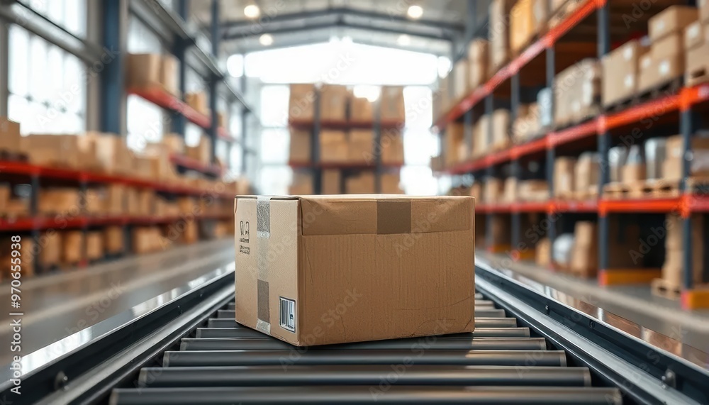 Cardboard Box on Conveyor Belt in a Warehouse Cardboard Box on Conveyor Belt in a Warehouse
