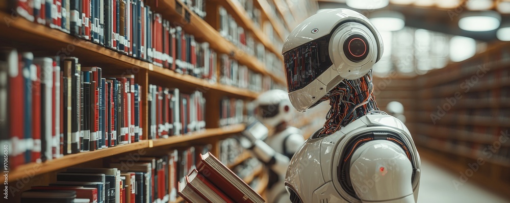 A 3D digital library with search engine robots organizing floating books, symbolizing vast knowledge access A 3D digital library with search engine robots organizing floating books, symbolizing vast knowledge access