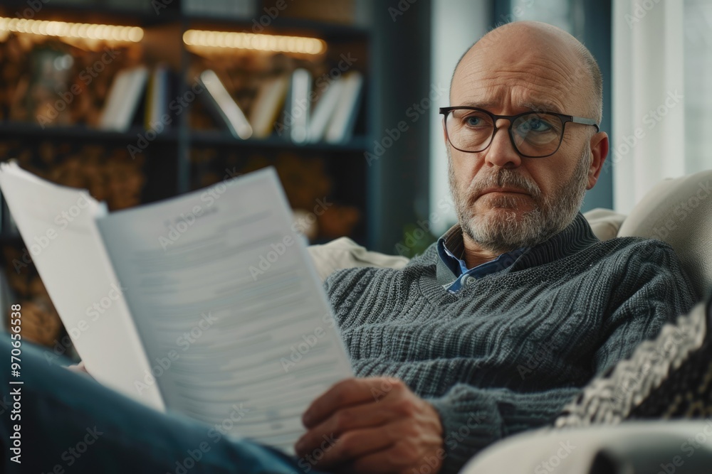 Man on couch analyzes expenses concerned about utility debt. Man on couch analyzes expenses concerned about utility debt.