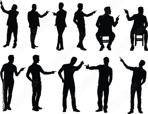 Set of businessman pointing pose silhouette. People posing full body illustration.