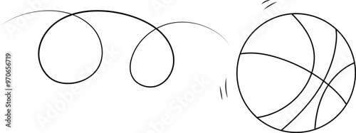 Doodle sport basketball ball trajectory bounce. Line hand drawn ball