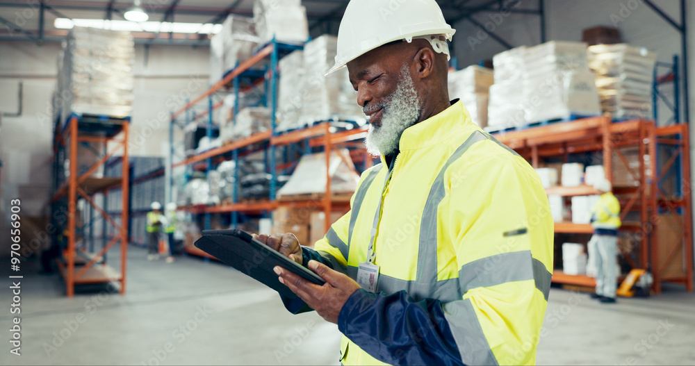 Man, smile and tablet in warehouse for inspection, inventory check and stock management checklist. Logistics, thinking and mature supervisor with tech for shipping order, quality control or courier Man, smile and tablet in warehouse for inspection, inventory check and stock management checklist. Logistics, thinking and mature supervisor with tech for shipping order, quality control or courier
