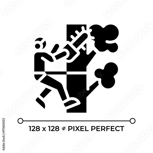 Tree trimming black glyph icon. Arborist worker with chainsaw. Professional trimming. Tree maintenance. Outdoor work. Silhouette symbol on white space. Solid pictogram. Vector isolated illustration