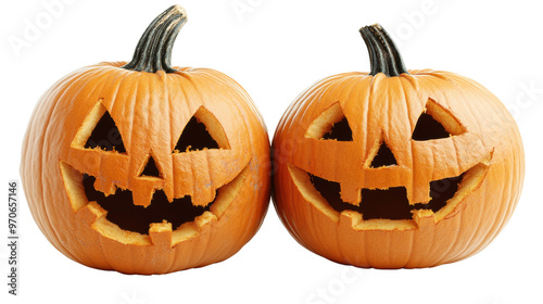Two Carved Jack-o'-Lantern Pumpkins for Halloween on Transparent Background