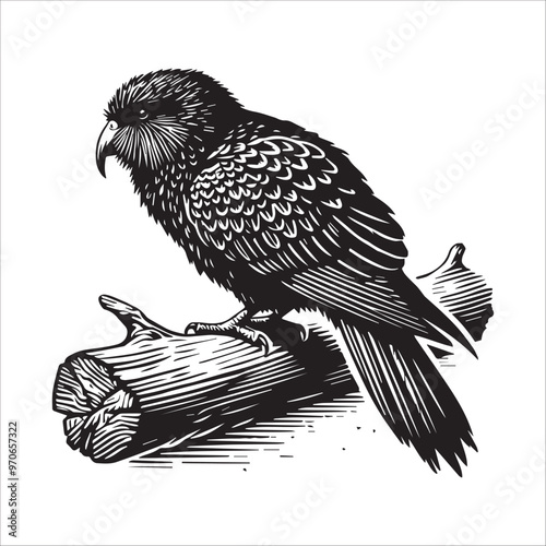 Kakapo silhouette Clipart - Owl Parrot Bird Vector illustration in black and white
