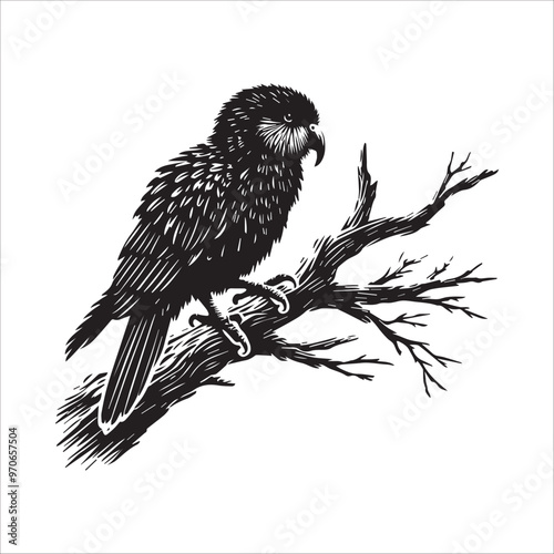 Kakapo silhouette Clipart - Owl Parrot Bird Vector illustration in black and white

