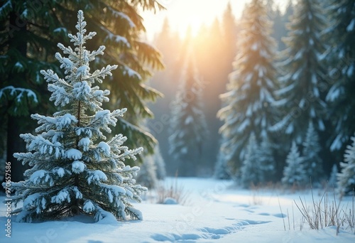 The snow is shining and the forest is green under the sun in this winter forest landscape between a white snowy pine tree and a soft green background photo