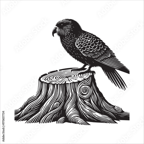 Kakapo silhouette Clipart - Owl Parrot Bird Vector illustration in black and white
