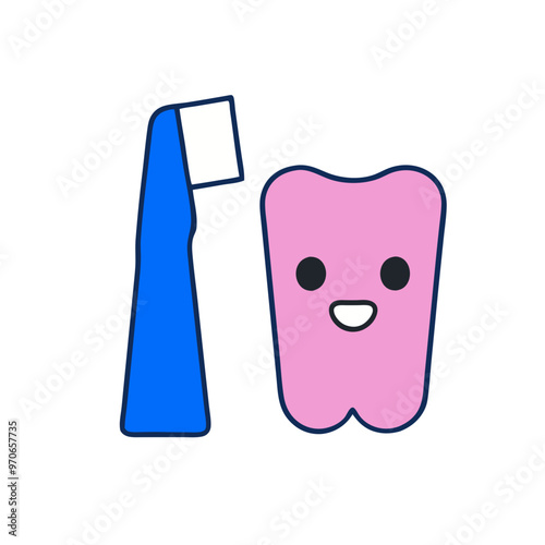 kawaii blue toothbrush and pink smiling tooth character promoting dental, oral hygiene