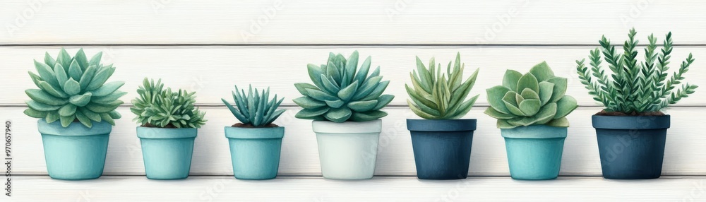 Watercolor Succulents in Pots on White Wood Background