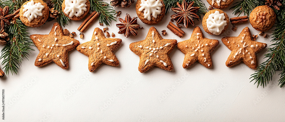 Christmas ginger-snaps on white background with copy space, flat lay composition Christmas ginger-snaps on white background with copy space, flat lay composition