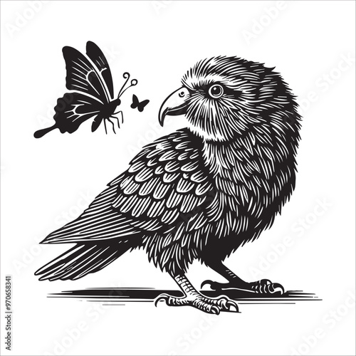Kakapo silhouette Clipart - Owl Parrot Bird Vector illustration in black and white
