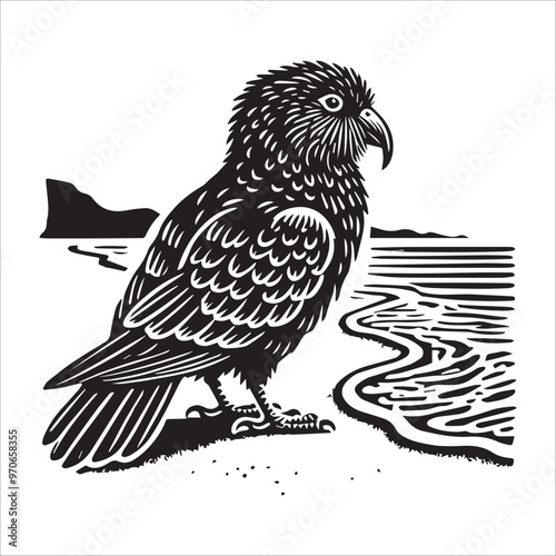 Kakapo silhouette Clipart - Owl Parrot Bird Vector illustration in black and white
