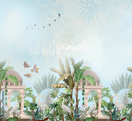Traditional Mughal garden and seated queen frame illustration,Mughal dancing woman in a garden with arch peacock bird and flower illustration