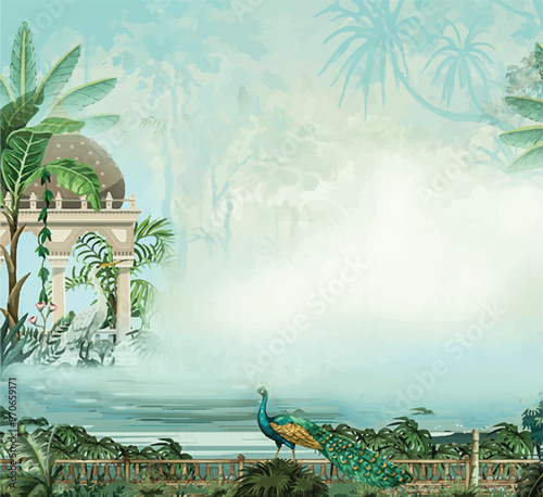 Traditional Mughal garden and seated queen frame illustration,Mughal dancing woman in a garden with arch peacock bird and flower illustration