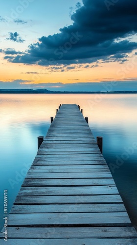 Wooden pier over calm water at sunset